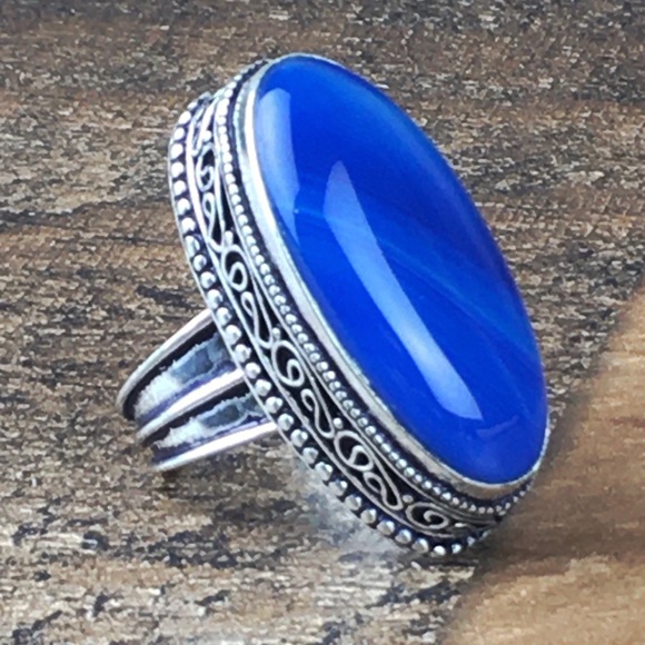 Blue Botswana Agate Stone Silver Overlay Ring Size 7.75 - Picture 7 of 12